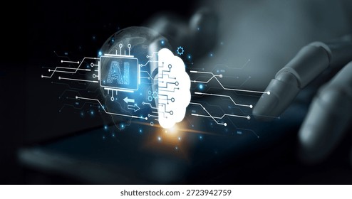 An advanced AI assistant visualizes its machine learning process. This generative technology shows its core processor connecting to a cloud brain and global neural network. Parse