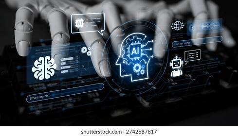 Advanced AI cognitive computing concept with human brain and AI gear integration, featuring smart AI search and interactive virtual AI assistant interface for business intelligence. Corpus