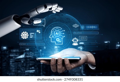 Advanced AI cognitive computing concept with human brain and AI gear integration, featuring smart AI search and interactive virtual AI assistant interface for business intelligence. Corpus
