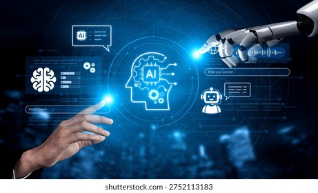 Advanced AI cognitive computing concept with human brain and AI gear integration, featuring smart AI search and interactive virtual AI assistant interface for business intelligence. Corpus