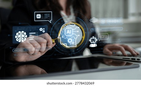 Advanced AI cognitive computing concept with human brain and AI gear integration, featuring smart AI search and interactive virtual AI assistant interface for business intelligence. Corpus