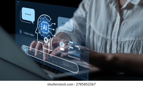 Advanced AI cognitive computing concept with human brain and AI gear integration, featuring smart AI search and interactive virtual AI assistant interface for business intelligence. Corpus