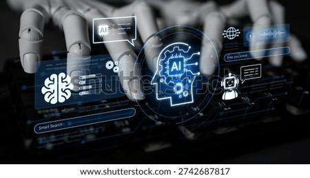Advanced AI cognitive computing concept with human brain and AI gear integration, featuring smart AI search and interactive virtual AI assistant interface for business intelligence. Corpus
