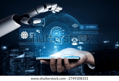 Advanced AI cognitive computing concept with human brain and AI gear integration, featuring smart AI search and interactive virtual AI assistant interface for business intelligence. Corpus