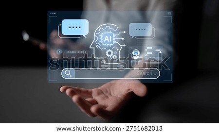 Advanced AI cognitive computing concept with human brain and AI gear integration, featuring smart AI search and interactive virtual AI assistant interface for business intelligence. Corpus