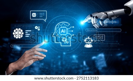 Advanced AI cognitive computing concept with human brain and AI gear integration, featuring smart AI search and interactive virtual AI assistant interface for business intelligence. Corpus