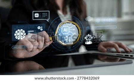 Advanced AI cognitive computing concept with human brain and AI gear integration, featuring smart AI search and interactive virtual AI assistant interface for business intelligence. Corpus