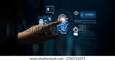 Advanced AI cognitive computing concept with human brain and AI gear integration, featuring smart AI search and interactive virtual AI assistant interface for business intelligence. Corpus