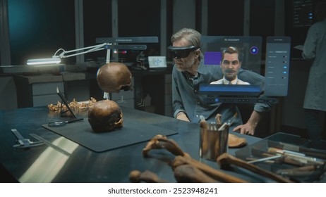 Advanced archaeological lab: Archaeologist in VR headset conducts scientific research in augmented reality using fossil skull. 3D animation of virtual display with AI assistant and web browser. VFX