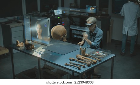 Advanced archaeological lab: Archaeologist in VR headset studies fossil skull and ancient human anatomy using augmented reality. 3D graphics of virtual display with AI assistant and web browser. VFX