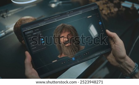 Advanced archaeological lab: Scientist studies ancient human anatomy using tablet computer. Screen shows user interface, process of scanning fossil skull through camera in 3D modeling software. VFX