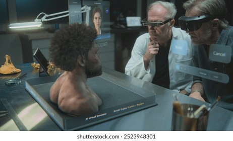 Advanced archaeological lab: Two scientists in VR headsets conducts historical research in augmented reality. 3D render of virtual display of AI assistant and simulator of ancient Neanderthal human. - Powered by Shutterstock - Get 15% off with code: PIKWIZARD15