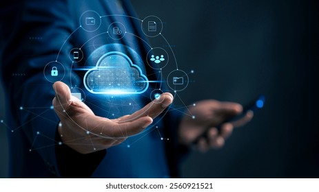 Advanced Cloud Computing and Data Solutions. Businessman Holding Digital Cloud Interface Connectivity, Secure Storage, and Virtual Platforms for Scalable and Innovative Digital Business Systems