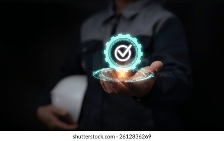 Advanced digital interface with glowing verification icon representing quality control and standard assurance in high-tech evaluation systems