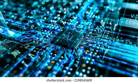 Advanced High Tech Concept Visualization of Circuit Board CPU Processor Microchip Starting Artificial Intelligence Digitalization of Data Process. Digital Lines of Information. - Powered by Shutterstock