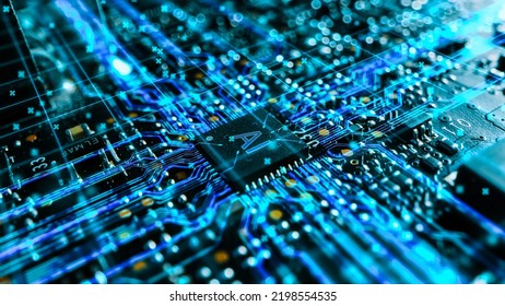 Advanced High Tech Concept Visualization of Circuit Board CPU Processor Microchip Starting Artificial Intelligence Digitalization of Data Process. Digital Stream Lines of Information.