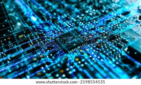 Advanced High Tech Concept Visualization of Circuit Board CPU Processor Microchip Starting Artificial Intelligence Digitalization of Data Process. Digital Stream Lines of Information.