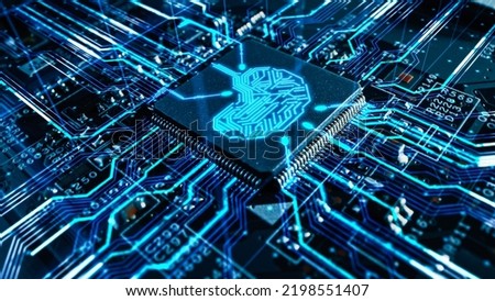 Advanced High-Tech Concept: Circuit Board CPU Processor Microchip Starting Artificial Intelligence Visualization of Neural Networking. Digital Lines Connect into 3D Brain