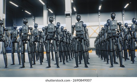 Advanced Humanoid Robots Assembled For Future AI Operations. Line Robots Stands in Synchronization Inside Modern Warehouse. Concept of AI, Robotics Industry, Futuristic Workforce Technology.