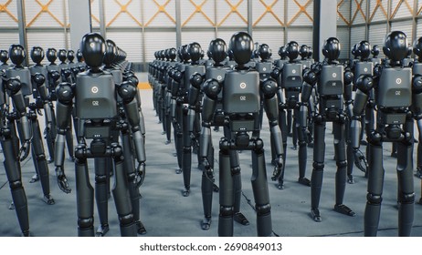 Advanced Humanoid Robots Assembled For Future AI Operations. Line Robots Stands in Synchronization Inside Modern Warehouse. Concept of AI, Robotics Industry, Futuristic Workforce Technology.