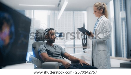 In an Advanced Laboratory: Doctors Utilize Advanced Brain Scanning Technology to Diagnose and Treat Neural Disorders, Enhancing Cognitive Function. Patient Wearing Headset for a High-tech Scan