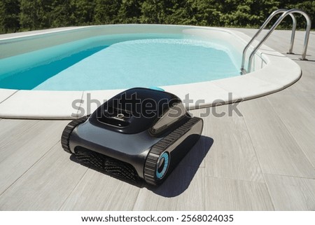 An advanced pool cleaning robot in front of a backyard swimming pool, designed for automatic cleaning and water purification, keeping the pool bottom spotless and well-maintained. Space for text