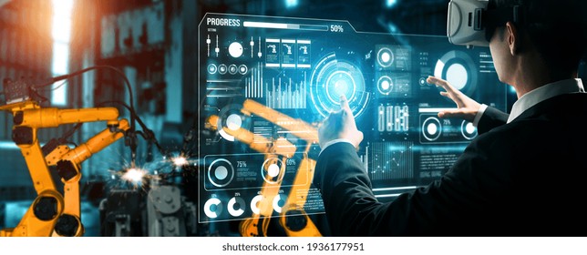 Advanced Robot Arm System For Digital Industry And Factory Robotic Technology . Automation Manufacturing Robot Controlled By Industry Engineering Using IOT Software Connected To Internet Network .