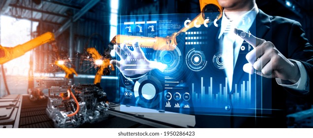 Advanced Robot Arm System For Digital Industry And Factory Robotic Technology . Automation Manufacturing Robot Controlled By Industry Engineering Using IOT Software Connected To Internet Network .