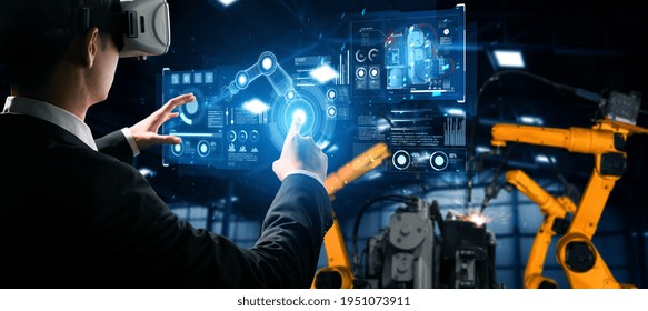 Advanced Robot Arm System For Digital Industry And Factory Robotic Technology . Automation Manufacturing Robot Controlled By Industry Engineering Using IOT Software Connected To Internet Network .