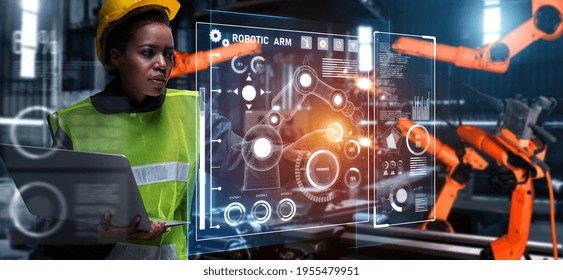 Advanced Robot Arm System For Digital Industry And Factory Robotic Technology . Automation Manufacturing Robot Controlled By Industry Engineering Using IOT Software Connected To Internet Network .