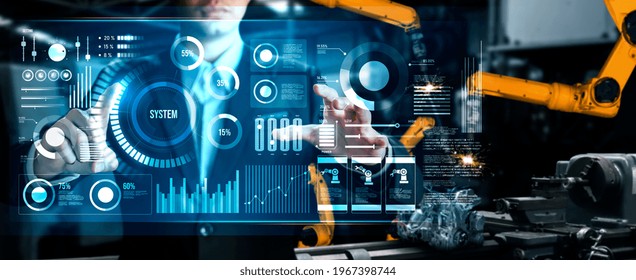 Advanced Robot Arm System For Digital Industry And Factory Robotic Technology . Automation Manufacturing Robot Controlled By Industry Engineering Using IOT Software Connected To Internet Network .