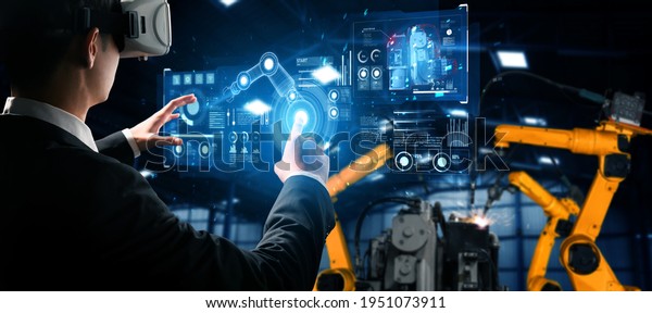 Advanced robot arm system for digital industry and\
factory robotic technology . Automation manufacturing robot\
controlled by industry engineering using IOT software connected to\
internet network .