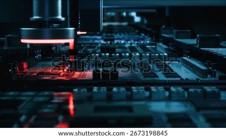 Advanced Robotic Machinery Precisely Assembles Microchips on a Circuit Board, Showcasing Cutting-edge Technology and Efficiency in Electronic Manufacturing. Modern Industrial Automation and Innovation