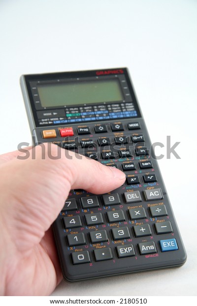 Advanced Scientific Calculator Isolated on White\
Background with Hand