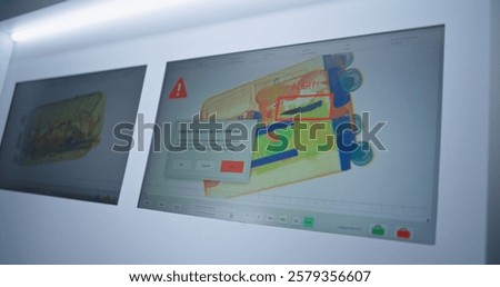 Advanced Security System in Airport: Computer Screens Displaying Modern Software Interface or Analyzing Program for Scanning Suitcases Detects Suspicious Item. X-ray Luggage Scan for Boarding Flight.