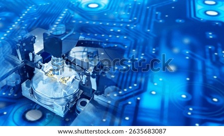 Advanced semiconductor manufacturing process. Precision equipment working on a silicon wafer, overlaid with a digital circuit background.