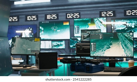 Advanced technology in army command center housing operational missile defense system. Armed forces headquarters used for tracking enemy rockets using radar systems during war