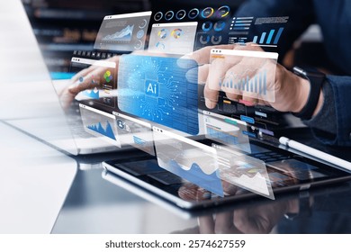 Advanced technology Artificial Intelligence for business management and strategy.big data analytics dashboard.information workflow.intelligence system for vision planning 