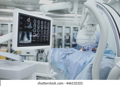Advanced technology, collection of patient tests on the monitor during surgery.