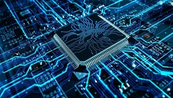 Advanced Technology Concept Visualization: Circuit Board CPU Processor Microchip Starting Artificial Intelligence Digitalization Of Neural Networking And Cloud Computing. Digital Lines Move Data