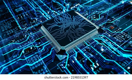 Advanced Technology Concept Visualization: Circuit Board CPU Processor Microchip Starting Artificial Intelligence Digitalization of Neural Networking and Cloud Computing. Digital Lines Move Data