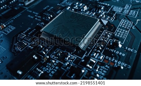 Advanced Technology Concept Visualization: Circuit Board CPU Processor Microchip Starting Artificial Intelligence Digitalization of Neural Networking and Cloud Computing Data. Digital Lines Move Data