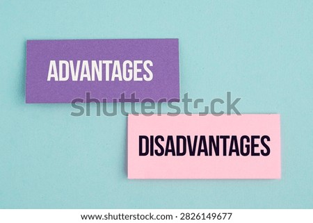 Advantages and disadvantages concept representing a comparison of benefits and drawbacks for business decision-making and presentations, shown on a pastel blue background.
