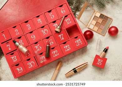 Advent calendar with Christmas decor and cosmetic products on light grunge background - Powered by Shutterstock