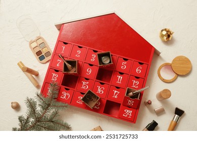 Advent calendar, cosmetic products and Christmas decor on white background - Powered by Shutterstock