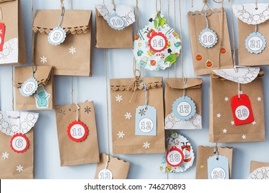 Advent Calendar With Small Gifts Close Up