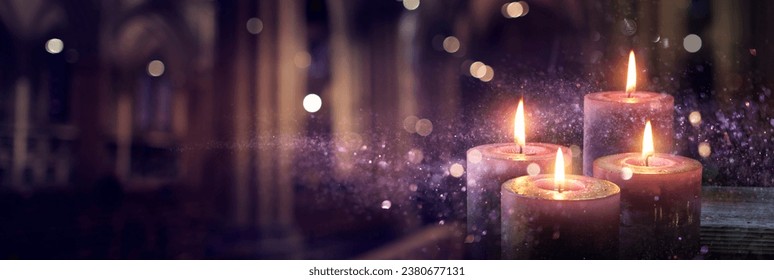 Advent Candles Burning In The Dark With Purple Glitter On Flames And Abstract Defocused Lights