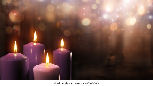 Advent Candles In Church - Three Purple And One Pink As A Catholic Symbol
