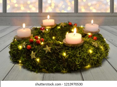 advent christmas wreath candles evening dark wood moss - Powered by Shutterstock