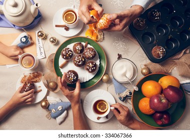 Advent Time. Family Tea Party With Homemade Muffins